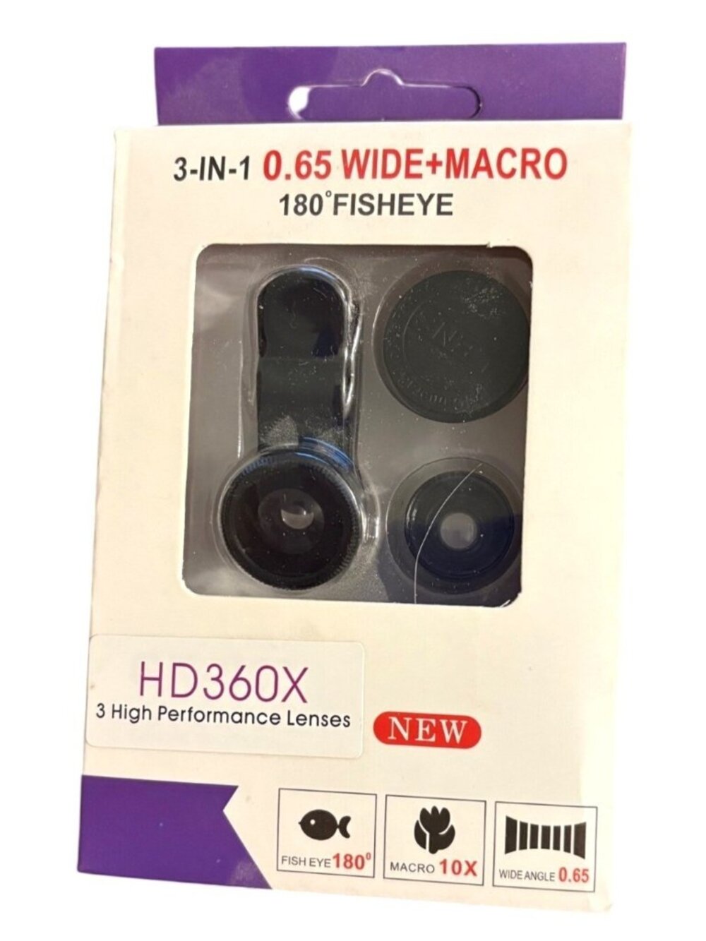 HD360X 3-In-1 Smartphone Lens Kit W/180° Fisheye 0.65X Wide-Angle 10X Macro Lens